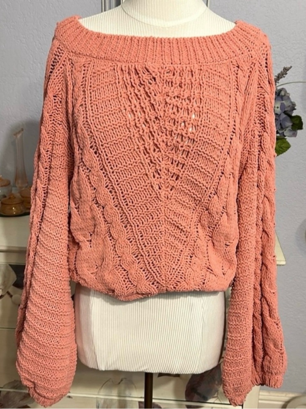 Express Chunky Cable Knit Sweater in Coral